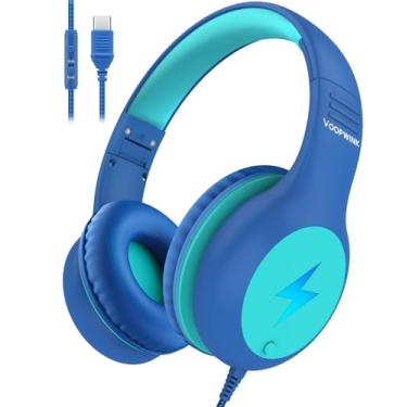 Imagem de Woopvink Fones de ouvido infantis com fio com microfone, fones de ouvido USB C para crianças, meninas, meninos, com cabo/luzes LED/limite de volume de 85/94dB, fones de ouvido portáteis para