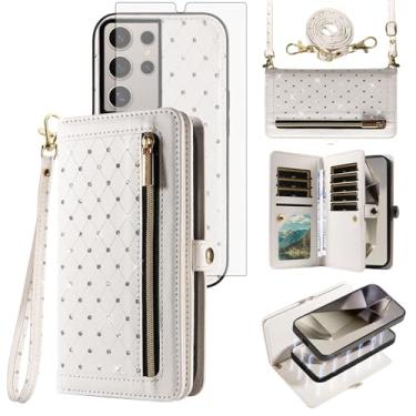Imagem de Capa de celular para Samsung Galaxy S25 Ultra 5G Carteira com zíper destacável com protetor de tela transversal alça de cordão Bling Glitter Flip Card Slot S25Ultra 25S S 25 25Ultra feminina branca
