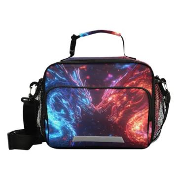 Imagem de Lancheira grande de dragão de fogo vermelho azul reutilizável com isolamento térmico para mulheres, homens, monstro, dragão, refrigerador, lancheira, lancheira com alça de ombro para escola