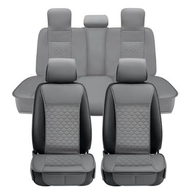 Imagem de Elantrip Capa de assento de carro conjunto completo de couro protetor de assento de carro ajuste universal para a maioria dos carros, SUVs e caminhões, à prova d'água, protetor de assento dianteiro e