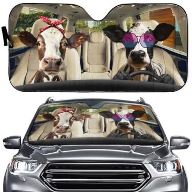 Imagem de Guarda-sol engraçado de vaca Farmhouse para carro SUV caminhão, capa de para-sol de carro de motorista de vaca fofa, proteção solar de janela frontal automática, padrão de vaca, anti-UV, mantenha seu