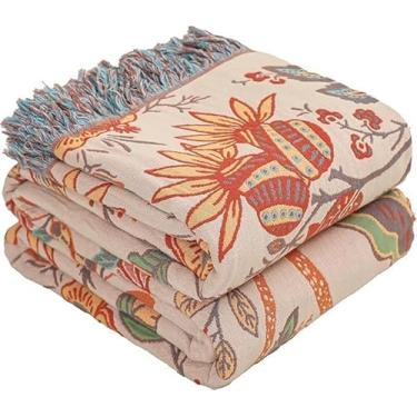 Imagem de Boho Cobertor de outono para cama, 100% algodão ultra macio, respirável, estampa floral, decoração de casa de fazenda, mantas de cama rústicas para sofá, colcha 228,6 cm x 248,9 cm - laranja e verde