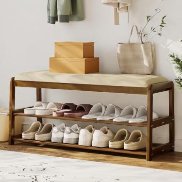 Imagem de Welfuturer Banco de sapato de bambu de 2 camadas com almofada e gaveta oculta, organizador de sapateira de entrada com armazenamento para corredor, quarto, porta da frente, banco de assento de mudroom