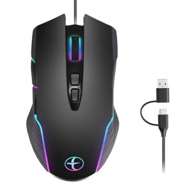 Imagem de Mouse de interface USB-C/USB-A duplo, mouse para jogos com fio com retroiluminação RGB, mouse em movimento, 4 DPI ajustáveis para MacBook, Chromebook, Windows, computador ou laptops (preto)