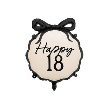 Imagem de Balões de feliz aniversário de 18 anos PartyDeco 46 x 43 cm com laços pretos elegantes decorações de aniversário de 18 anos para meninas, decoração de festa preta e creme