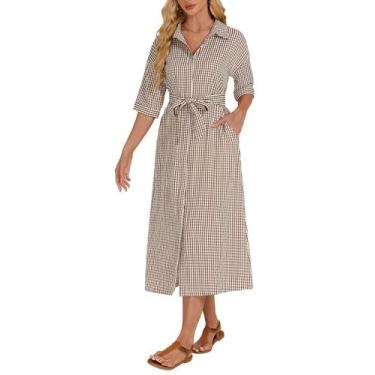 Imagem de Vestido maxi YEXPINE xadrez de meia manga com decote em V com cinto ma