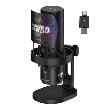 Imagem de SGPRO Microfone USB sem fio para transmissão, podcast, microfone condensador de jogos SG-CM25 com RGB, cancelamento de ruído, toque para silenciar, gravação de 24 bits/48 kHz, inclui suporte de choque