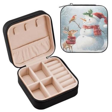 Imagem de Wassud Estojo de joias de viagem de boneco de neve com veado para mulheres, meninas, senhoras, noiva, mini organizador de joias de couro PU, caixa quadrada de armazenamento de joias para brincos
