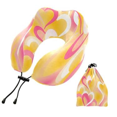 Imagem de CEBUGI Travesseiros de viagem portáteis em forma de U, travesseiro de pescoço de espuma viscoelástica com trava de corda ajustável para avião, viagem, trem, negócios, escritório, soneca (corações do