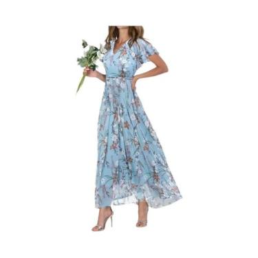 Imagem de Vestido Feminino Elegante Com Decote Em V, Mangas Curtas Com Babados, 