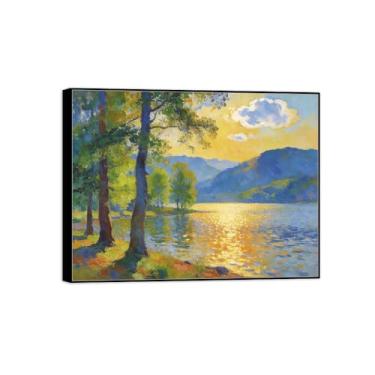 Imagem de BMZFYBS Impressão em tela de paisagem com moldura preta para decoração de lago, árvore de montanha, para quarto, 60 x 80 cm 24 x 31 pol