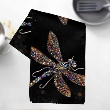Imagem de Toalhas de cozinha vibrantes de libélula, vintage floral e joia libélula absorvente microfibra pano de prato decorativo toalha de chá, toalhas de mão waffle para cozinha, casa de banho, presentes de