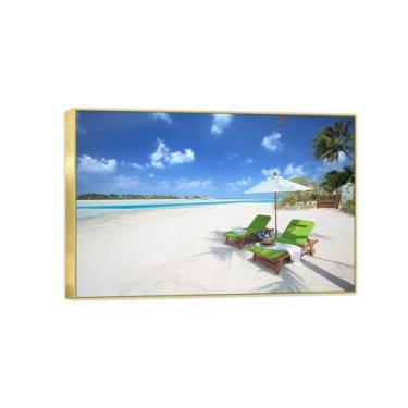 Imagem de Quadro dourado arte de parede paisagem impressões em tela - praia nuvens céu decoração pintura quadros para quarto 60x90cm24x35in