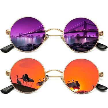 Imagem de AIEYEZO Óculos de sol redondos retrô para homens e mulheres óculos de sol polarizados modernos vintage pequenos óculos de sol redondos, Pacote com 2 (dourado/roxo espelhado + dourado / vermelho