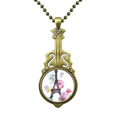 Imagem de DIYthinker Colar da Torre Eiffel em formato de coração com pingente de guitarra antiga