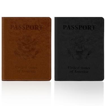 Imagem de Capa para cartão de passaporte e vacina, carteira para passaporte com compartimento para cartão de vacina, Preto + marrom, 2pcs