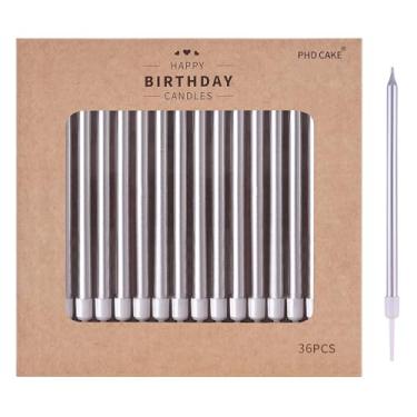 Imagem de PHD CAKE Velas de aniversário metálicas longas e finas prateadas de 36 unidades, velas de bolo, festas de aniversário, decorações de casamento, velas de festa, decorações de bolo
