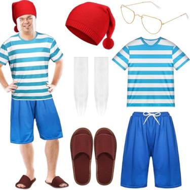 Imagem de GANSHAYA Fantasia adulta de gnomo de contramestre de barco, azul, listrada, camisa de marinheiro, shorts, chapéu de gnomo, óculos para fantasia de cosplay de Halloween