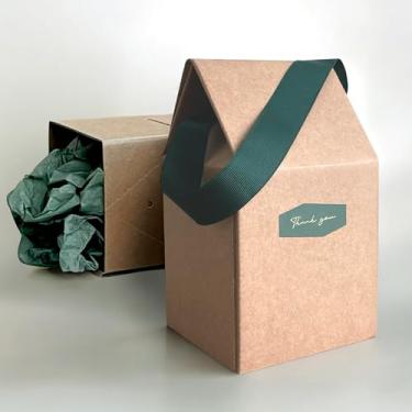 Imagem de BYMARUE Caixa de presente de papel kraft em forma de casa com alça, papel de seda e adesivo de agradecimento - Embalagem ondulada ecológica para canecas, vidro, geleias, velas, garrafas, frascos (1