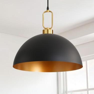 Imagem de Luminária pendente grande preta e dourada de 45 cm, luminária pendente vintage industrial, lâmpada pendente de casa de fazenda de metal