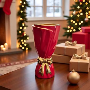 Imagem de WLGRANJIA Vaso de cerâmica com laço vermelho e dourado - vasos de flores para decoração de casa, decoração de laço, estilo boho, vasos de flores de 24 cm para buquê, vaso grande para decoração de