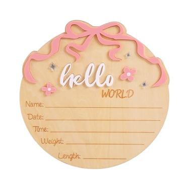 Imagem de Placa de Boas-Vindas para Recém-Nascido Olá Mundo, em Madeira com Laço Rosa e Flor Ideal para Decoração de Berçário Casa e Hospital Perfeita Fotos