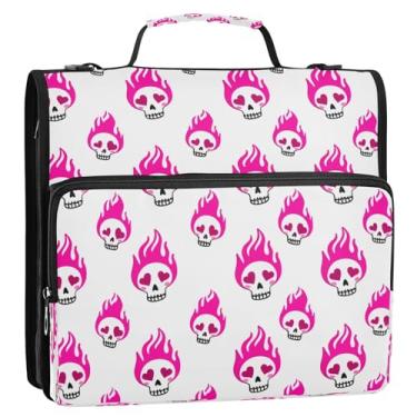 Imagem de Wassud Lindo fichário de caveiras com chamas com zíper com 3 anéis com alça de ombro e alça Trapper Keeper vários bolsos expansível organizador de pasta de arquivos