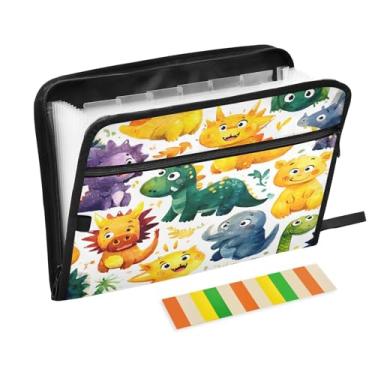 Imagem de CEBUGI Pasta expansível de 13 bolsos, impermeável, sanfonada, organizador de arquivos com etiquetas tamanho A4, organizador de documentos de papel para escola, material de escritório, dinossauro fofo