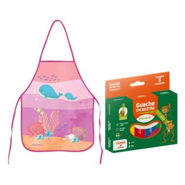 Imagem de Kit Avental Infantil Fundo do Mar c/ Alças Ajustáveis Guache em Bastão