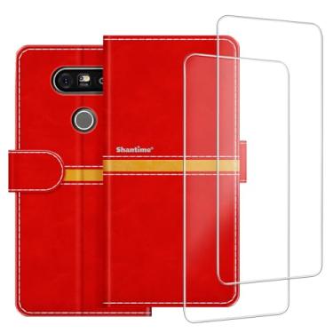 Imagem de ESACMOT Capa de celular compatível com LG G5 + [2 unidades] película protetora de tela de vidro, capa protetora magnética de couro premium para LG G5 (13.5 cm) vermelha