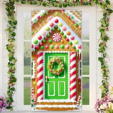 Imagem de BlissYard Capa de porta de casa de gengibre 188 x 89 cm, faixa de Natal para porta da frente, decoração interna, cenário de doces de férias com guirlanda de hortelã-pimenta, porta verde, listras