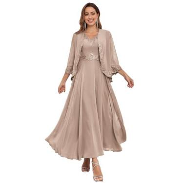 Imagem de Vestido Mãe da Noiva CDSSL Taupe Chiffon Sequin Lace
