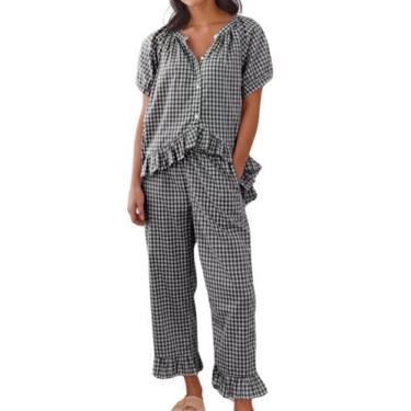 Imagem de Conjunto de pijama codcm feminino de guingão, manga curta, preto