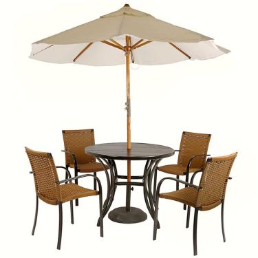 Imagem de Kit 4 Cadeiras Fibra Oliva Estonado Com Mesa Tampo Preta e Ombrelone Bege