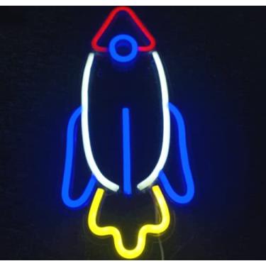 Imagem de HULIN Sinais de neon, sinais de luz neon LED decorativa de parede, luz noturna alimentada por USB, luzes noturnas neon para quarto, quarto de crianças, bar, festa, Natal (foguete)