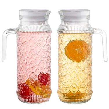 Imagem de Jarra de vidro com tampa - jarra de vidro transparente de 963 g com tampas, 2 peças de jarra de água de vidro para geladeira, jarras de vidro com alça e tampa para bebida, chá gelado, suco de leite