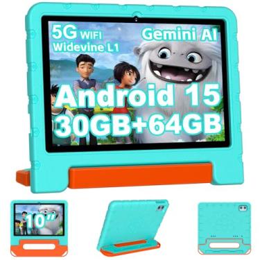 Imagem de Tablet infantil 2025 10 polegadas Android 15 para crianças Octa-Core, 30 GB + 64 GB (TF 1 TB), tablet infantil com capa à prova de choque, WiFi 5G, controle parental, Widevine L1, Gemini AI, tela