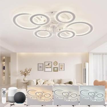 Imagem de Ventilador de teto circular com luz silenciosa, ventiladores de teto brancos com lâmpadas funcionam com Alexa e Google Assistant, motor DC, ventilador reversível regulável com luzes de teto