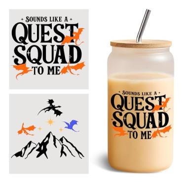 Imagem de Conjunto de 2 peças Sounds Like A Quest Squad To Me UV DTF Cup Wraps para vidro de 473 ml, adesivos de transferência a frio Onyx Storm para copos de vidro, Dragon Fourth Wing Bookish Fantasy Vinil à