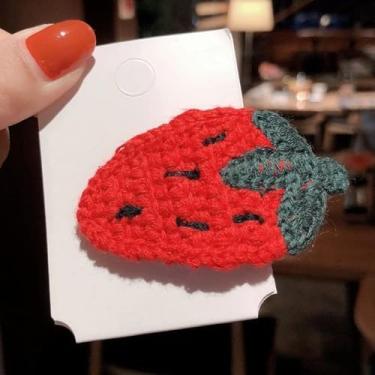 Imagem de Bangs BB Clip bordado bonito desenho animado colorido frutas grampos de cabelo tricotado pelúcia acessórios de cabelo (morango)