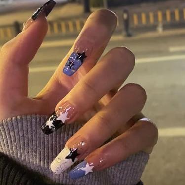 Imagem de Pressionar unhas Y2K Caixão médio longo cola falsa francesa em unhas com design de estrela para mulheres cobertura completa acrílico artificial falso bastão no prego para uso diário casamento 24 peças