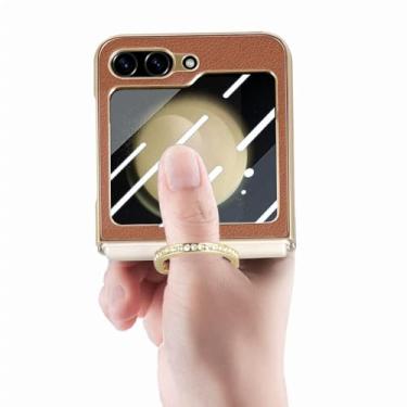 Imagem de Capa de couro com suporte de anel brilhante para Samsung Galaxy Z Flip 5 Flip5 Flip4 Flip 4 5G Melhor capa de filme de vidro de proteção, marrom, para Samsung Z Flip 4
