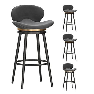 Imagem de Conjunto de 4 banquetas giratórias de 360 graus, cadeiras de bar de veludo com altura de bar com pernas de metal preto e apoio para os pés, cadeiras modernas de bar com encosto baixo para cozinha, pub
