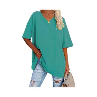 Imagem de Camiseta Feminina plus Size De Cor Sólida Com Decote Em V E Mangas Cur
