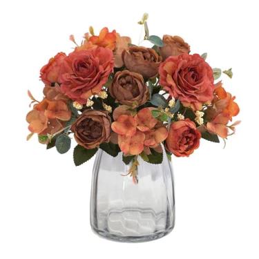 Imagem de XIALON Arranjo de Flores Artificiais Laranja Buquê de Rosas de Seda Hortênsia Peônia Noiva Flor Falsa Decoração de Casamento para Casa
