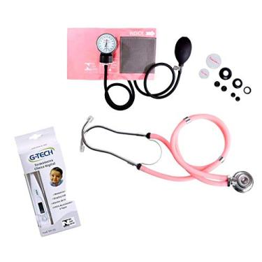 Imagem de Esfigmomanômetro Fecho de Contato + Estetoscópio Duplo Premium Azul+ Termometro Clínico Digital G Tech… (rosa)