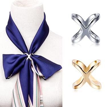 Imagem de 2 peças femininas em forma de X lenço de seda clipe anel cachecóis fivela suporte joias presentes para xale lenço de pescoço (ouro + prata), 2.1cm, Metal