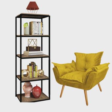 Imagem de Kit Poltrona Fatte com Estante Livreiro Ferro Preto mdf Freijó Suede Amarelo - Ahazzo Móveis