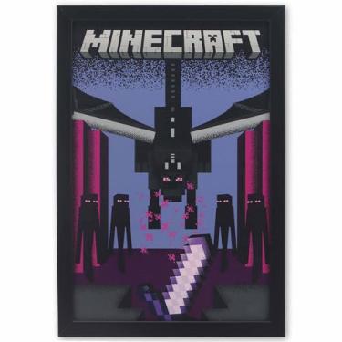 Imagem de Decoração de parede de madeira emoldurada de dragão Minecraft Ender - Arte de parede de cena de batalha de Minecraft com espada e Endermen