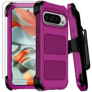 Imagem de Capa para Google Pixel 9 Pro XL com clipe de cinto e suporte | Grau militar testado contra quedas à prova de choque | Capa resistente | 2x protetores de tela | Capa protetora Defender Bumper (Borgonha